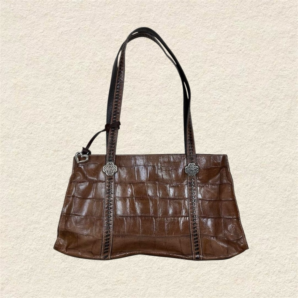Brighton Brown Leather Faux Crocodile Shoulder Bag With Silver Hardware